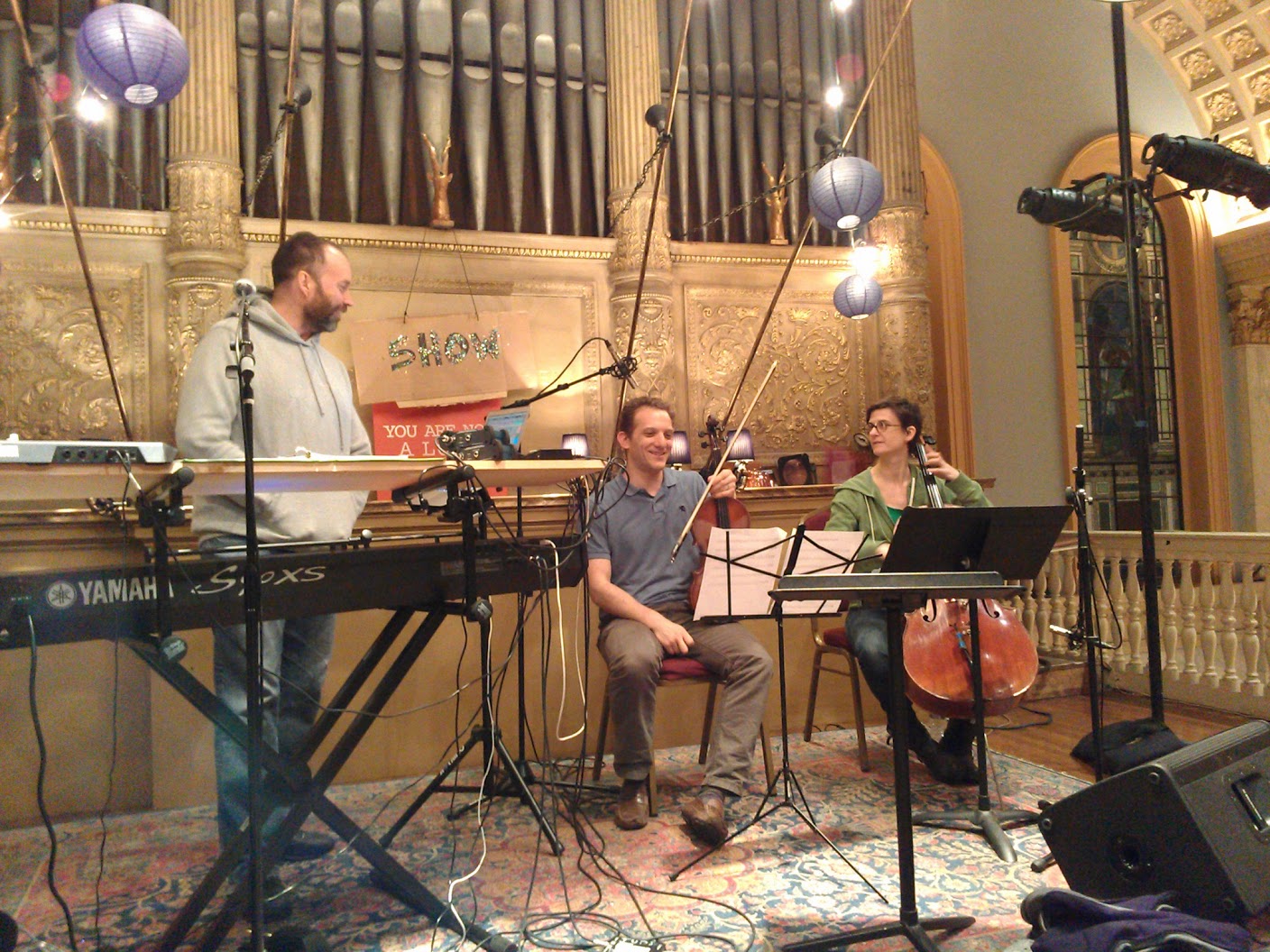 Rehearsing with String Players: David Packer on Viola and Leah Coloff on Cello. 