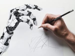 A detailed digital illustration of a human hand holding a pencil, drawing lines on paper, mirrored by a robotic hand performing the same action. The robotic hand is intricately designed with visible mechanical components, while the human hand appears natural and realistic. The contrast between the organic and artificial hands symbolizes the collaboration between human creativity and technology.
