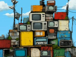 A colorful stack of vintage VCRs and television sets arranged haphazardly outdoors, with weathered surfaces and hints of greenery growing around them. The background features a clear blue sky with fluffy clouds, evoking a nostalgic yet abandoned atmosphere. The old TVs vary in size and color, including shades of yellow, orange, blue, and red, giving the scene a retro, eclectic feel.