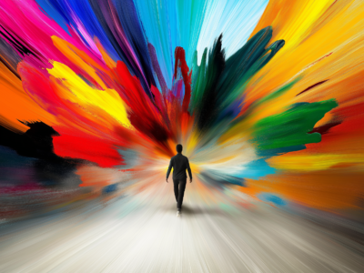 A vibrant, abstract digital illustration of a person walking towards an explosion of colors, symbolizing endless creative possibilities. The figure is silhouetted against a dynamic burst of blues, reds, yellows, and greens, creating a sense of motion and expansion. The vivid colors spread outwards, evoking inspiration, imagination, and the journey into the unknown. The overall mood is uplifting and emphasizes creativity and exploration.